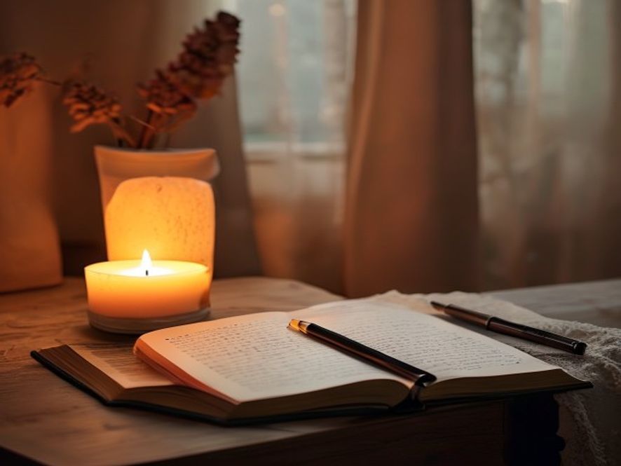 Open journal next to a burning candle and pen on a nightstand