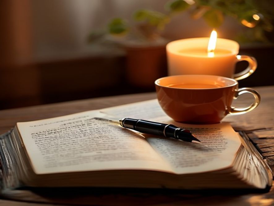 Evening candle, journal, and herbal tea arranged on a wooden surface near a window